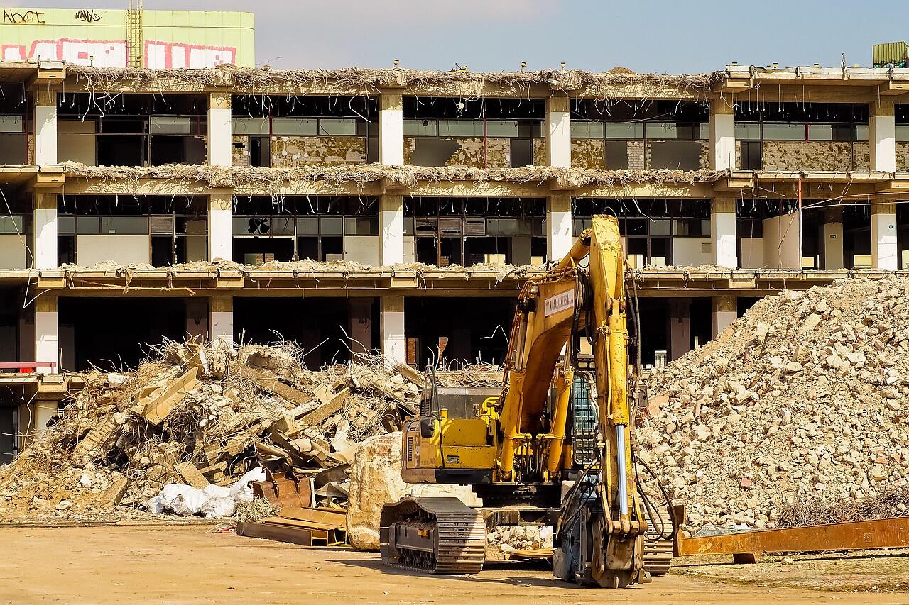 The open shell of a building at an active work site